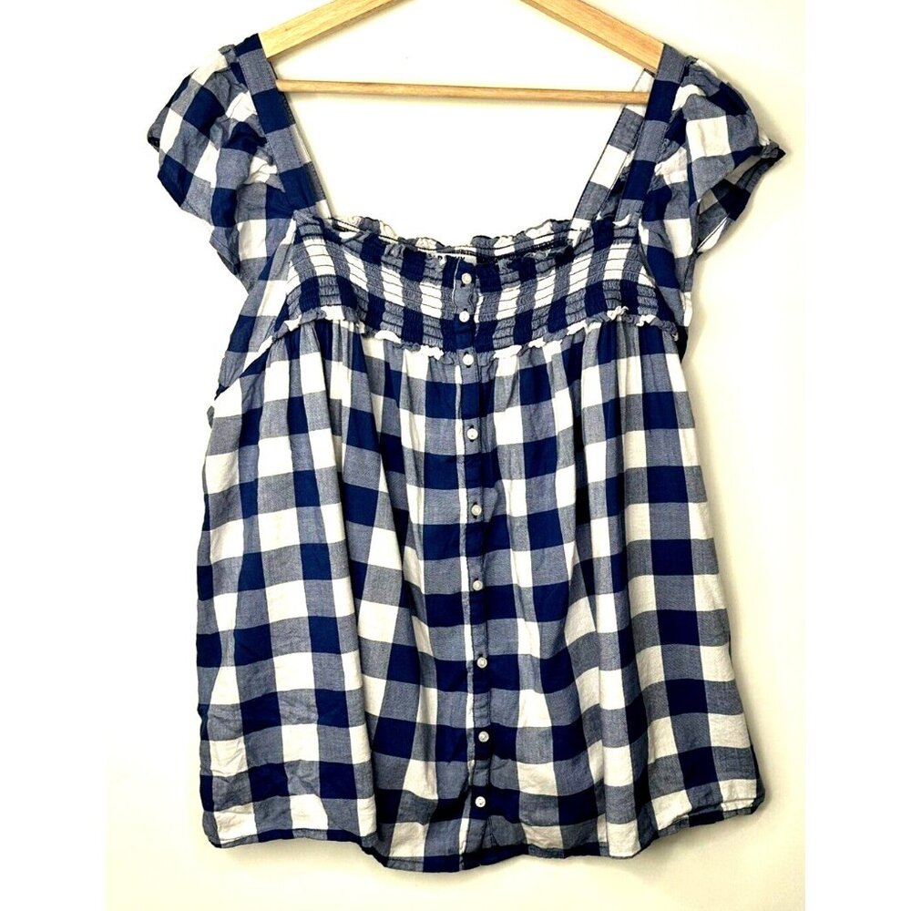 Old Navy Womens Top Gingham Seersucker Flutter Sleeves Blue & White Size 3X